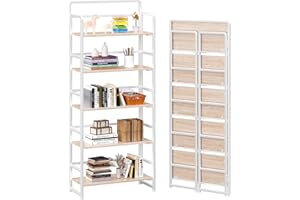 4NM No-Assembly 5 Tiers Folding Bookshelf Storage Shelves Vintage Bookcase Standing Racks Study Organizer Home Office (Natural White)