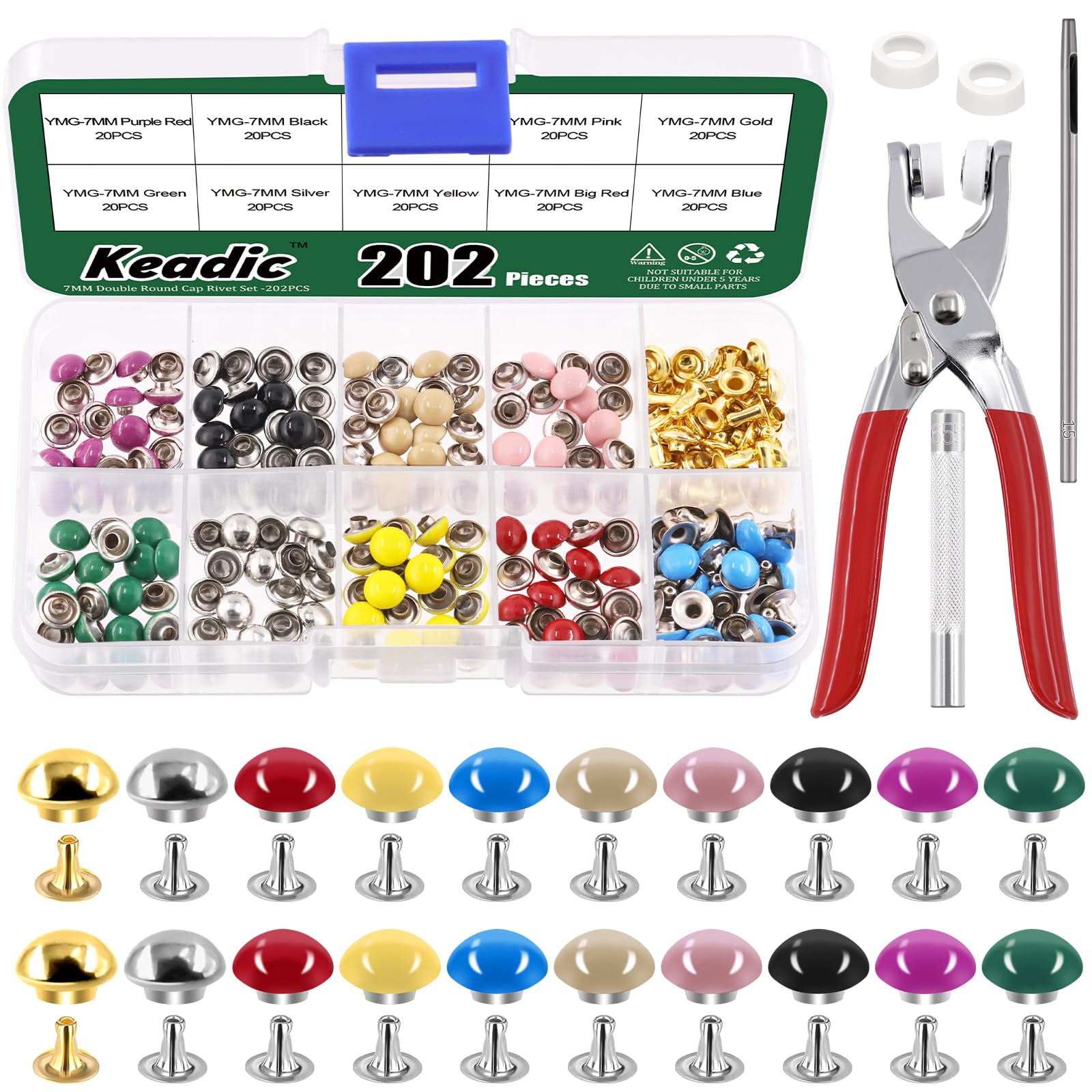 Keadic 404Pcs 7mm Leather Rivets Assortment Set with Setting Tools, 10 Colors Double Round Cap Leathercraft Metal Studs for Shoes Belts Purse Handbags DIY