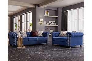 Morden Fort 2 Piece Classic Chesterfield 5-Seater Set, Tufted Loveseat & Sofa Furniture Solid Wood Legs Thick Cushion, Pet-Friendly Couch Set for Living Room Bedroom Apartment, Velvet Blue