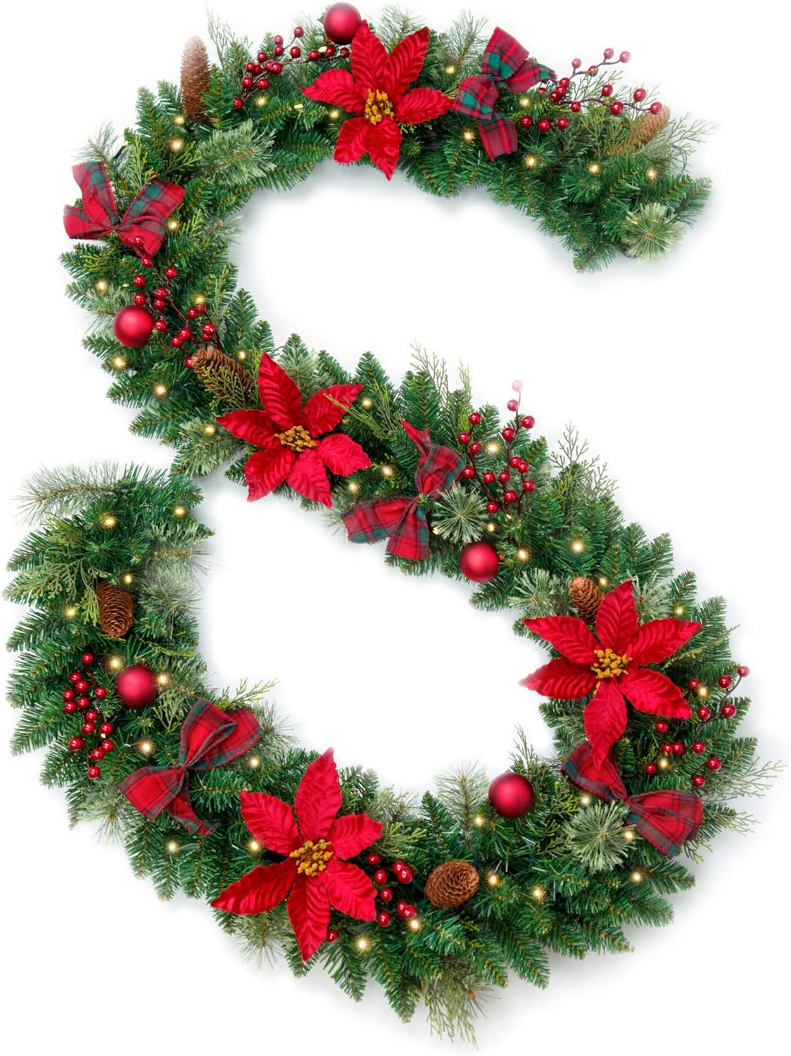 AMERZEST Pre-lit 9ft Christmas Garland with Red Berries and Balls,Pine Cone,Plaid Bows,Poinsettias and 60 Battery Operated Soft White LED Lights with Timer,Artificial Holiday Decoration Door Outdoor