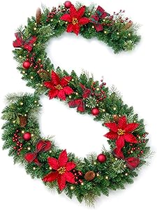 AMERZEST Pre-lit 9ft Christmas Garland with Red Berries and Balls,Pine Cone,Plaid Bows,Poinsettias and 60 Battery Operated Soft White LED Lights with Timer,Artificial Holiday Decoration Door Outdoor