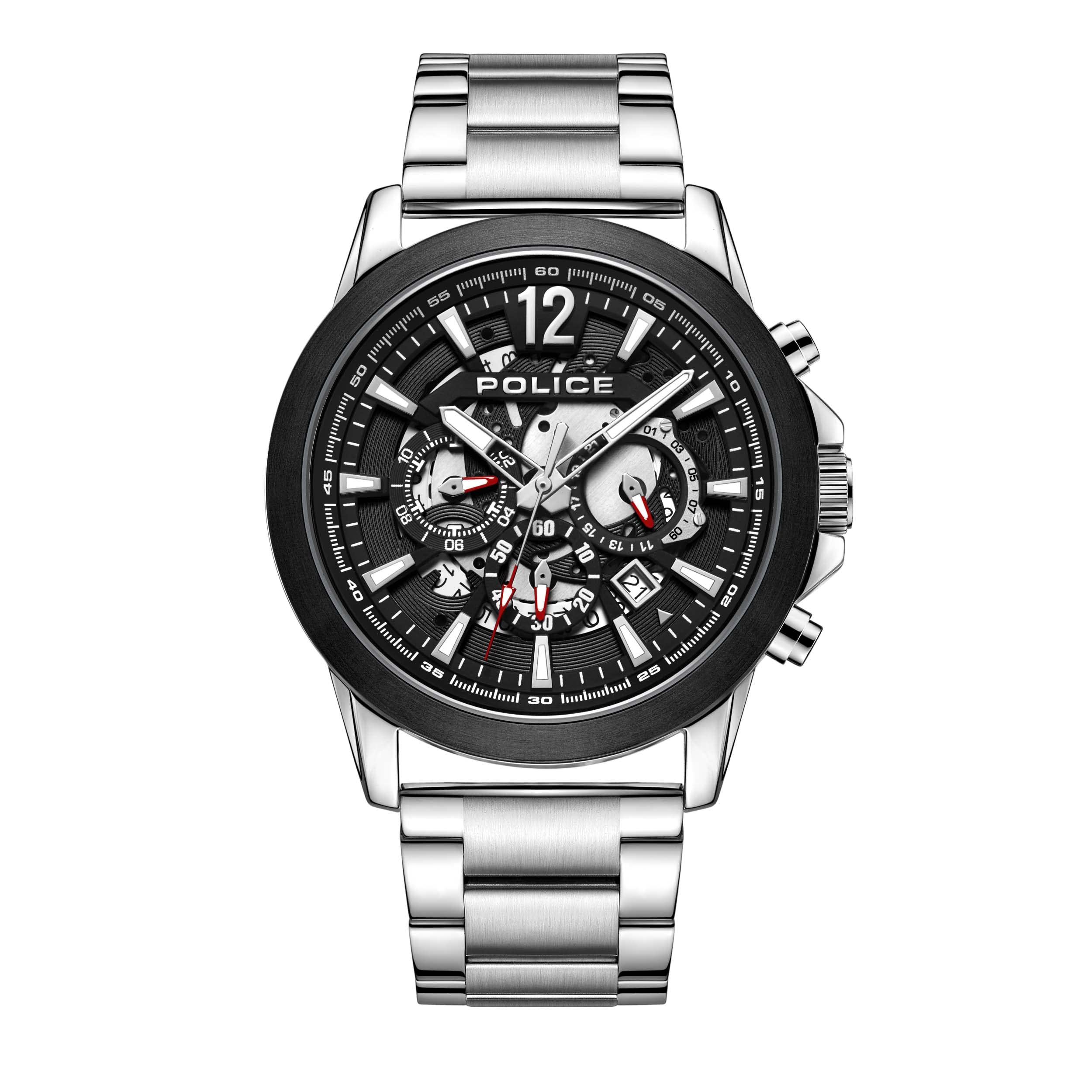 Police Vertigo Mens Multifunction Watch with Black Dial and Stainless Steel Bracelet, 47mm Stainless Steel Case in Branded Watch Box PEWJK2194940-2 Year Warranty