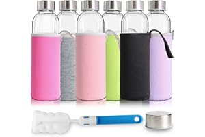 YEBODA Glass Water Bottles 18oz Bottles For Beverage and Juicer Use Stainless Steel Caps - Including Colorful Nylon Protection Sleeve,Pack Of 6