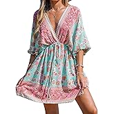 CUPSHE Women Casual Boho Sundress Summer Floral Print Tie Front Dress 3/4 Sleeves Paisley Beach Mini Dresses