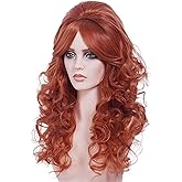 NJJYXH 22 Inches Retro Beehive Ginger Wigs for Women Long Wavy Copper Red Wig with Bangs Synthetic Natural Auburn Wig for 60s 70s 80s Cosplay,Halloween,Daily Use