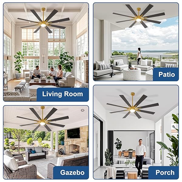 BVENUBIGLITE LARGE CEILING FANS WITH LIGHTS: MODERN 72 INCH 8 BLADE OUTDOOR CEILING FAN WITH REMOTE APP CONTROL – DIMMABLE BLACK GOLD BIG FAN LIGHT INDOOR REVERSIBLE 6 SPEED QUIET DC MOTOR