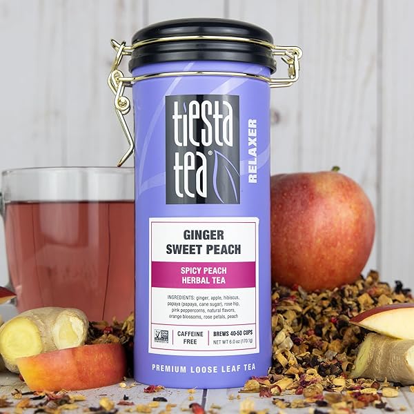 TIESTA TEA – GINGER SWEET PEACH | LOOSE LEAF | SPICY PEACH HERBAL TEA | TRANQUILITY NON-CAFFEINATED BLEND | BULK HIBISCUS LEAVES WITH CANE SUGAR | BREWS UP TO 50 CUPS | 6 OUNCE REFILLABLE TIN