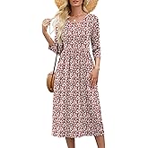 Heymoments Women's Casual 3/4 Sleeve Midi Dress Crewneck A Line Tiered Flowy Loose Travel Long Dresses with Pockets