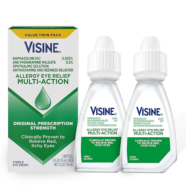 VISINE ALLERGY EYE RELIEF MULTI-ACTION ANTIHISTAMINE & REDNESS RELIEVER EYE DROPS WITH PHENIRAMINE MALEATE & NAPHAZOLINE HCL, EYE DROP TREATMENT FOR RED, ITCHY, ALLERGY EYES, 0.5 FL. OZ, 2 PACK