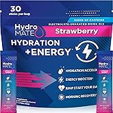 HydroMATE Electrolytes Powder Drink Mix Packets Hydration Accelerator Low Sugar Rapid Party Relief Recovery Vitamin C Plus Caffeine Strawberry 30 Count