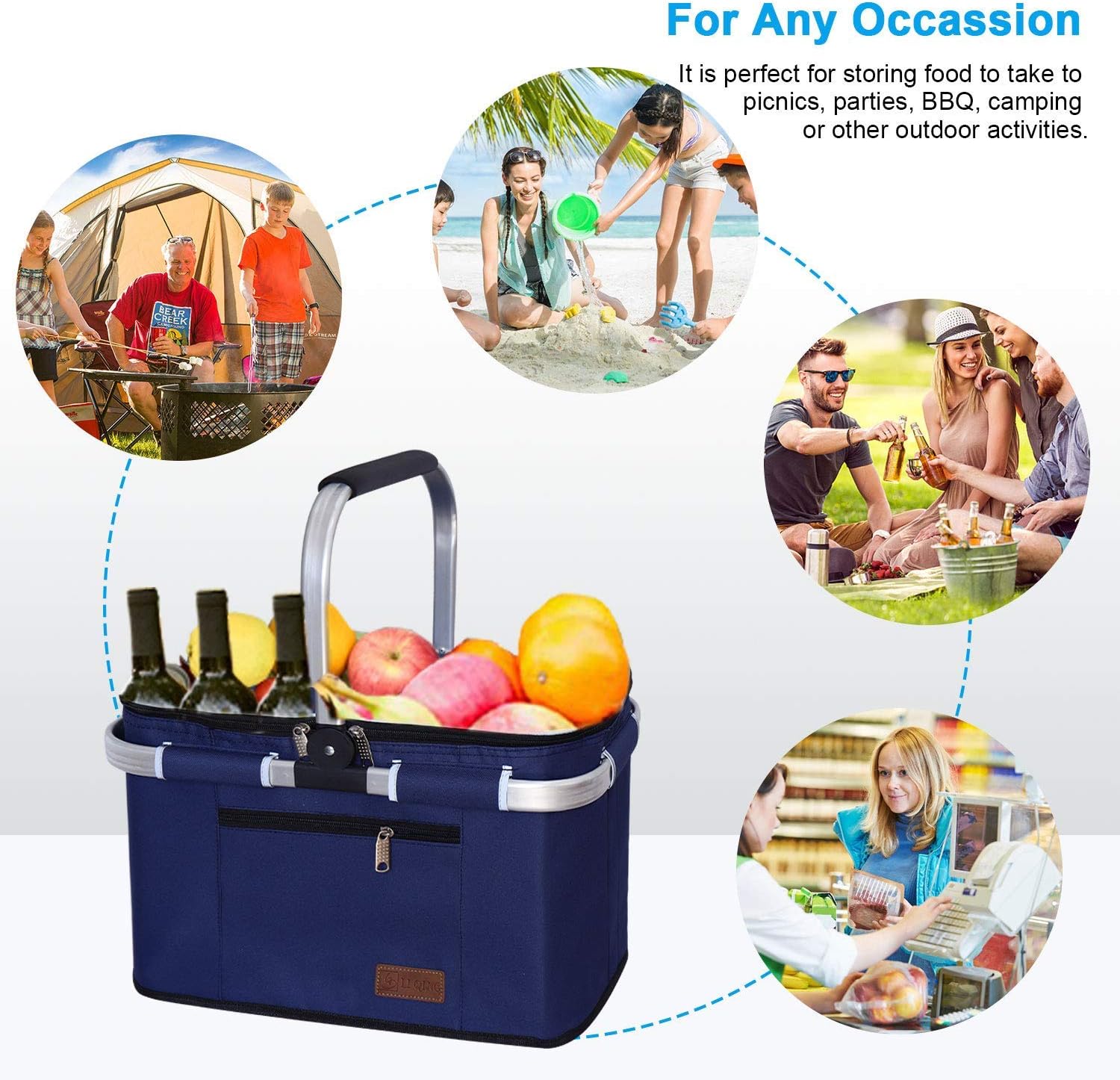 LIQING 35L Large Picnic Basket, Shopping, Travel, Camping Grocery Bags, 2 Layers of Internal Pockets Leak-Proof and Insulated, Folding, Internal Support Does Not Collapse (Blue): Kitchen & Dining