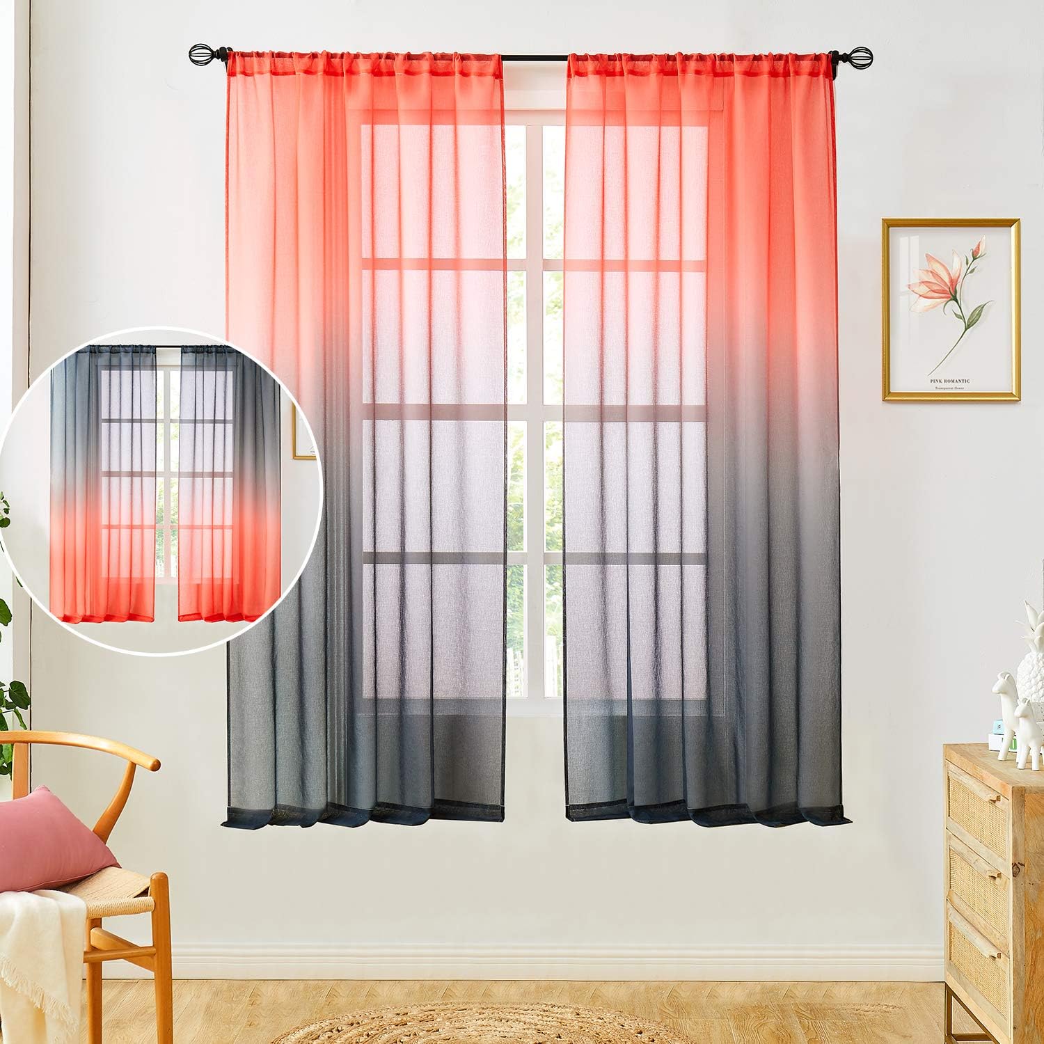Faux Linen Ombre Sheer Curtains Coral and Black 2 Tone Reversible Rod Pocket for Bedroom Living Room, Privacy and Light Filtering Semi Sheer Gradient Window Curtain Pair, Set of 2 Panels: Kitchen & Dining