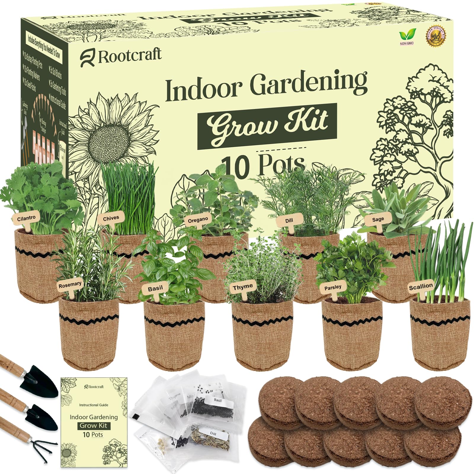 Photo 1 of 10 Garden Planter Indoor Kit, 44pcs Complete Kitchen Herb Starter Set Including Burlap Pots, Markers, Soil Discs, Gardening Tools, Unique Easter/Birthday/Christmas Gift Ideas for Women, Mom