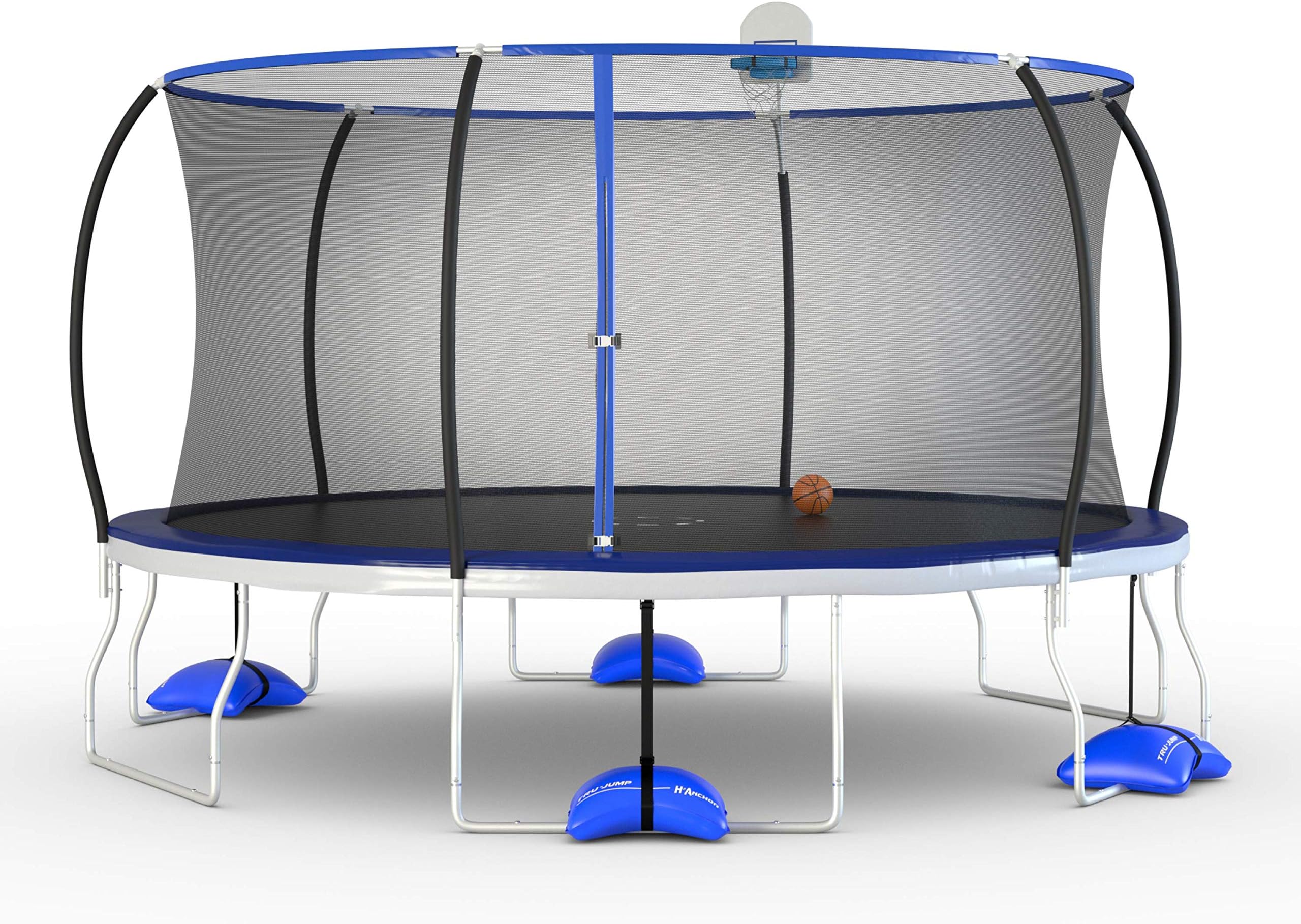 TruJump Outdoor Trampoline with Safety Enclosure Net and AirDunk Basketball System - Sizes: 14FT and 15FT, Color: Blue