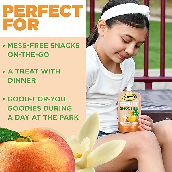 MOTT’S FRUIT SMOOTHIES VANILLA PEACH, 4.2 OZ CLEAR POUCHES, 8 PACK, MADE WITH MILK, MADE WITH REAL FRUIT, GOOD SOURCE OF CALCIUM, ON-THE-GO