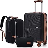 Eeeza Carry On Luggage Set Suitcase 3 Piece,Black (20"/BP/TB) | Lightweight Durable ABS Hardshell,360&deg; Spinner Wheels,TSA Lock,22x14x9 Airline Approved for Trave