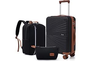 Eeeza Carry On Luggage Set Suitcase 3 Piece,Black (20"/BP/TB) | Lightweight Durable ABS Hardshell,360° Spinner Wheels,TSA Loc