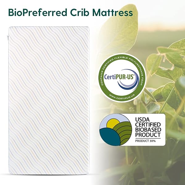 BABELIO BIOBASED CRIB AND TODDLER MATTRESS DUAL-SIDED, CERTIPUR-US, REMOVABLE WATERPROOF AND MACHINE-WASHABLE COVER, 52″X27.5″X5″