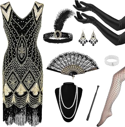 Okabay 1920s Flapper Gatsby Accessories Set Sequin Dress Headband Gloves