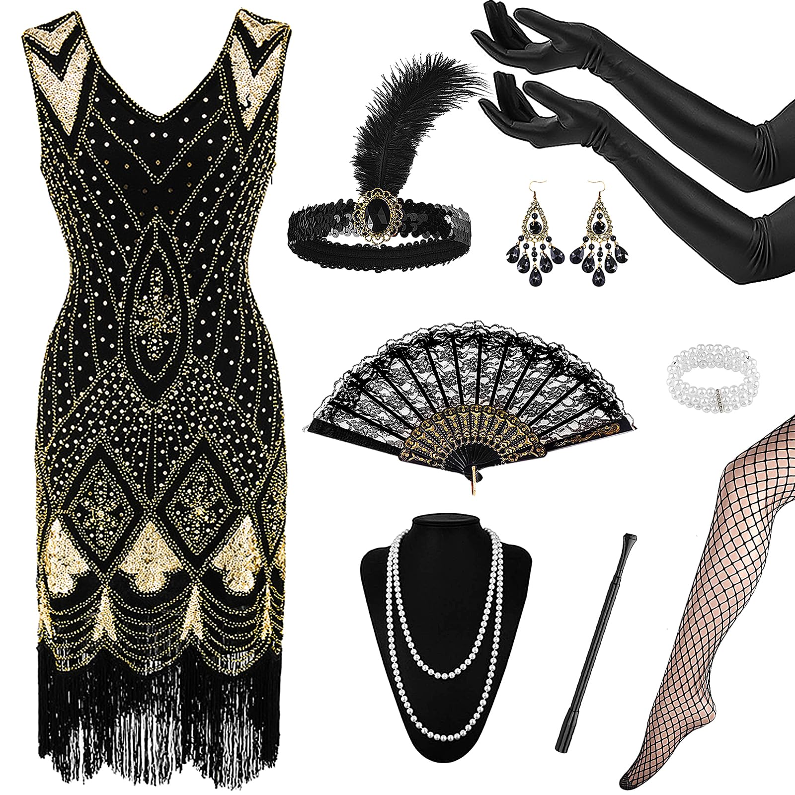 1920s Flapper Great Gatsby Accessories Set,Roaring 20's Theme Set with Sequin Fringed Dress Headband Gloves Necklace Handheld Prop,1920s Flapper Costume Vintage Accessories for Women Ladies