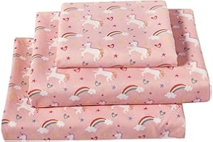 Softan Bed Sheet Set for Kids Girls, Full Size Kids Sheets Microfiber Fitted Sheet, Breathable & Silky Soft Feeling Sheet Set 4 PCs Pink Unicorn Full Bed Sheet