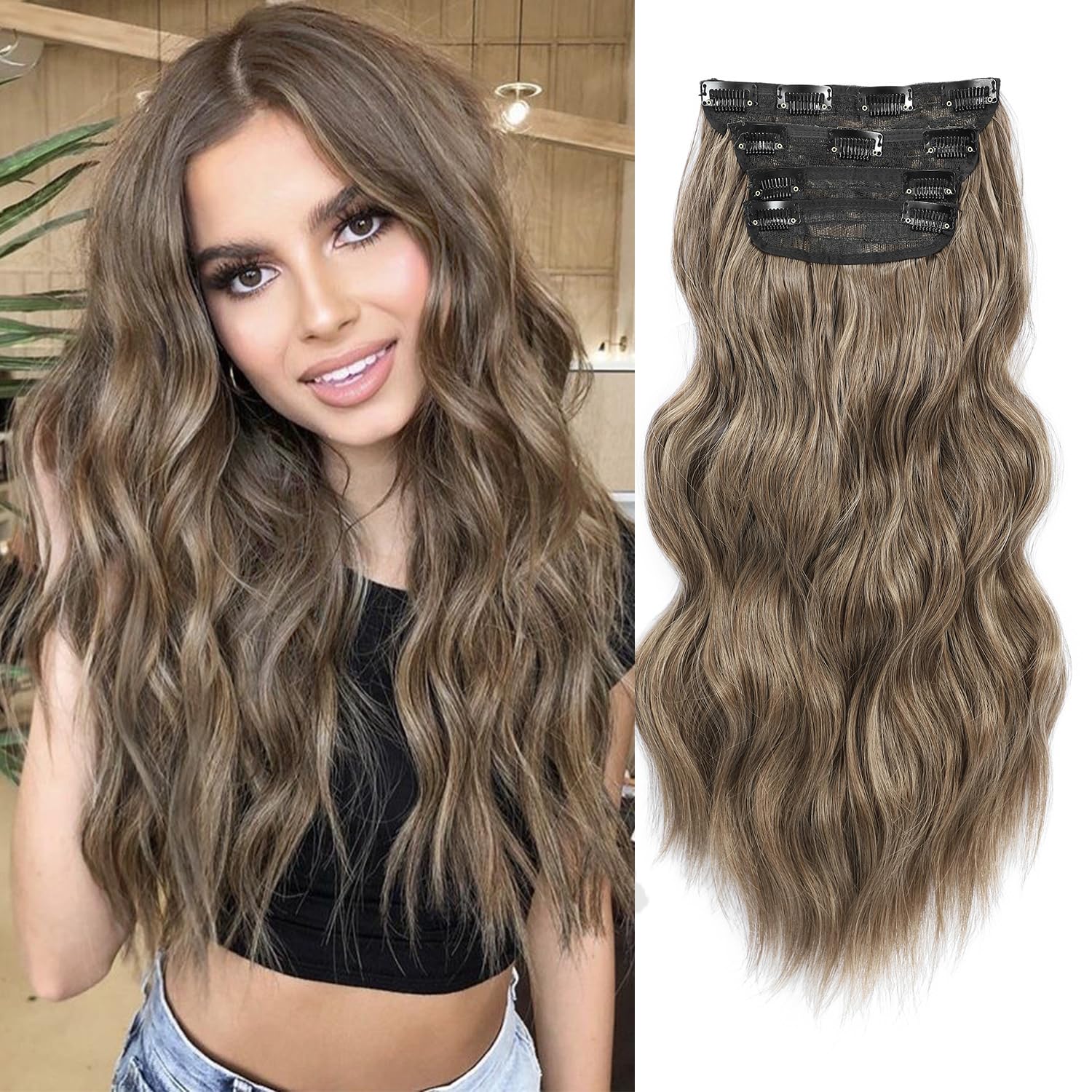 Hair Extensions Clip in 4PCS Light Brown 20Inch Hair Extension Long Wavy Full Head Clip in Hair Extension Synthetic Fiber Hair Pieces for Women — image 1