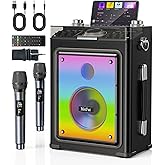 Metfut Karaoke Machine for Adults with 2 Wireless Microphones & Guitar Input, Professional Bluetooth 5.3 Speaker, Portable Wooden Karaoke PA System with Bass/Treble Adjustable for Backyard, Home Party