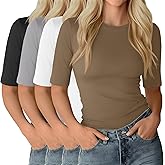 Neer 4 Pack Women's Half Sleeve Tops Elbow Length Slim Fit Crewneck T-Shirts 1/2 Sleeve Casual Summer Basic Tees