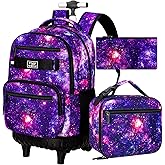 Girls Rolling Backpack, 3PCS Womens Roller Bookbag with Lunch Bag for Kids, Wheeled School Bag for Children - Purple Galaxy