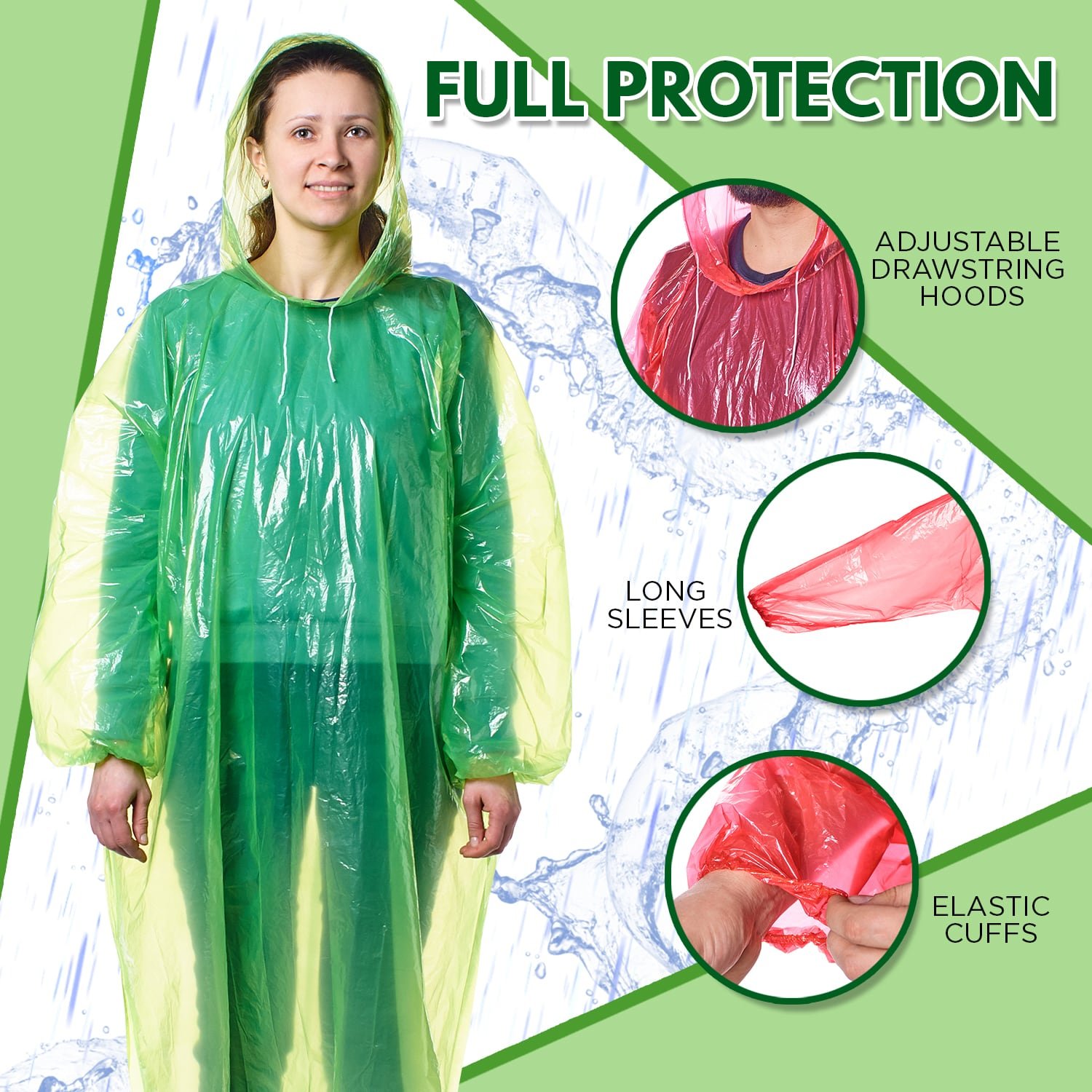 Emergency Waterproof Disposable Rain Ponchos Assorted Colors 10 Pack
