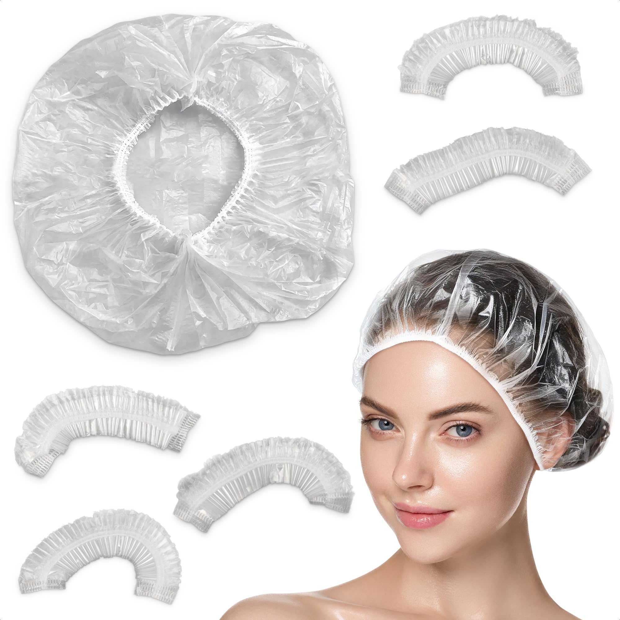 Photo 1 of 100 Pcs Disposable Shower Caps - Plastic Hair Caps Clear Shower Cap for Women Plastic Caps for Hair - Plastic Shower Caps for Women Disposable Shower Cap for Men Large Shower Cap Disposable 20''