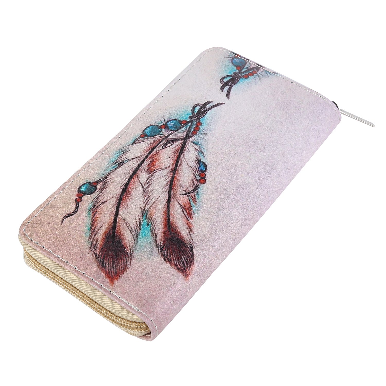 DonDon Women’s Purse Pattern Feathers and Pearls Beige Pink