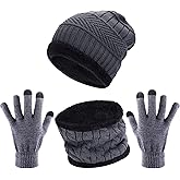 Tatuo 4 Pcs Winter Hat and Gloves Set Kid Boy Ski Warm Fleece Knit Beanie Cap Warmer Gloves Scarf for 5-14 Years Old Teen Boy