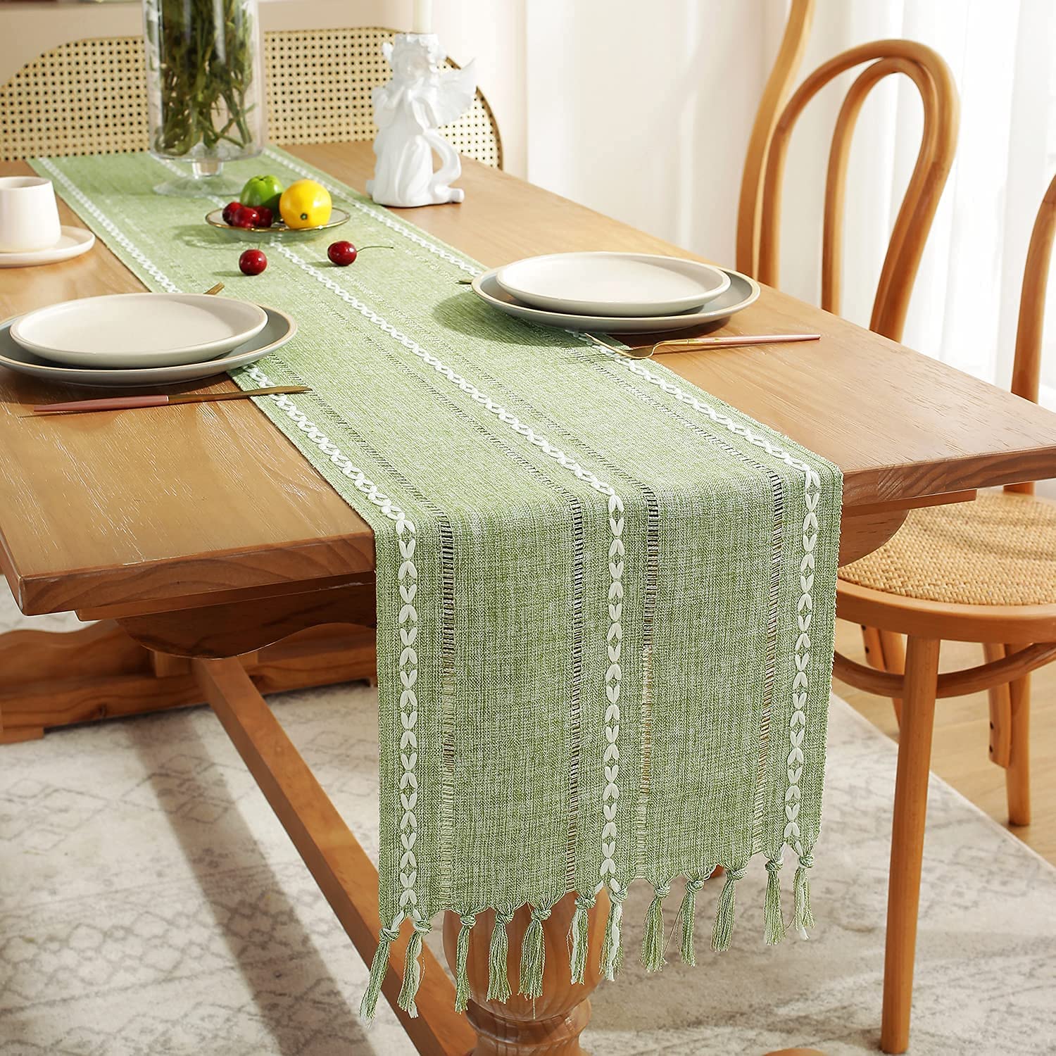Rustic Linen Table Runner with Handmade Tassel,Embroidered Farmhouse Style Table Runners 72 inches Long for Party and Dining Room Decorations,13 x 72 inch (Sage Green, 240x33cm)