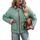 Tankaneo Womens Cropped Quilted Jackets Plaid Lightweight Full Zip Up Jacket Puffer Padded Coat with Pockets