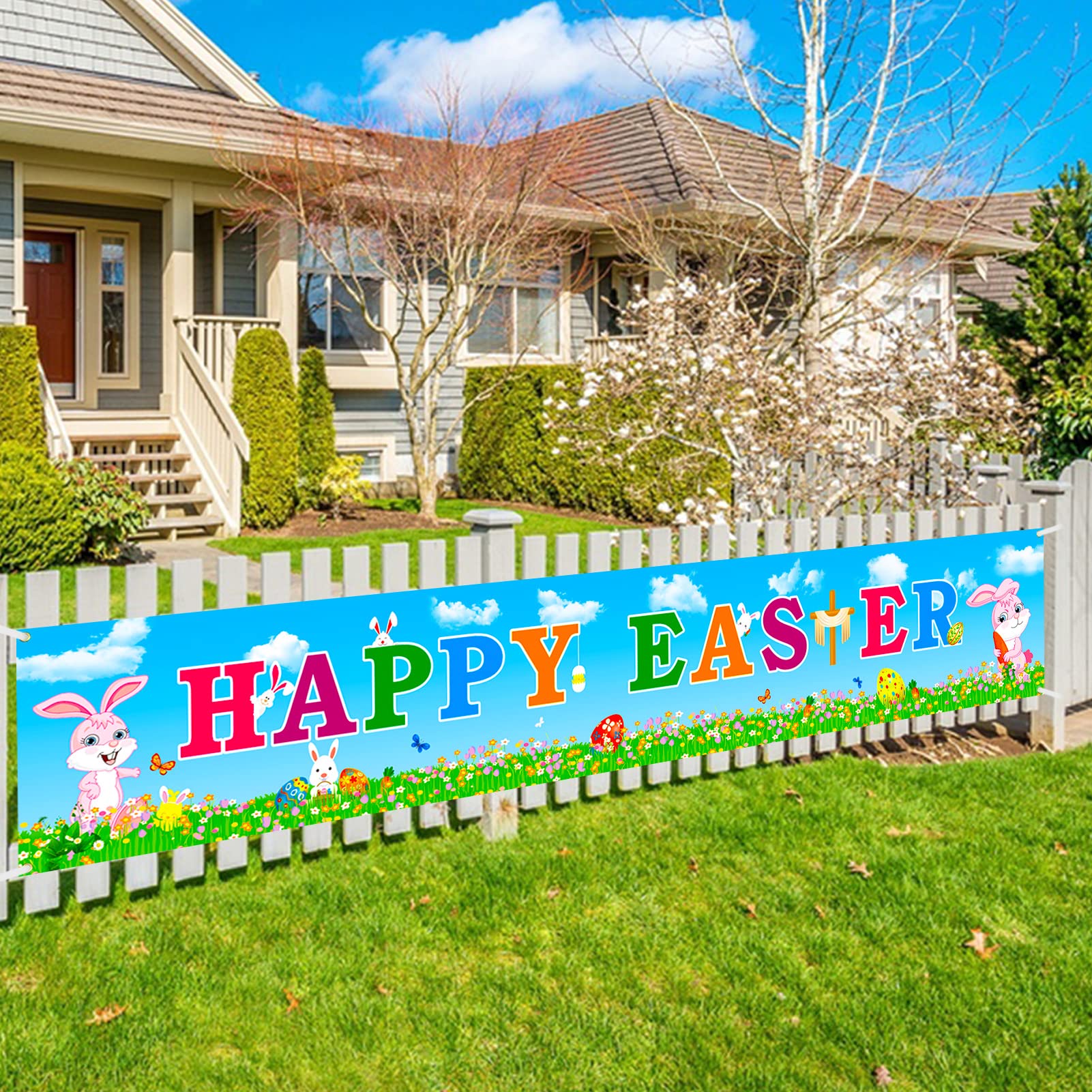 HOWAF Happy Easter Banner for Easter Party Decoration, Long Fabric Banner for Easter Table Wall Garden Indoor Outdoor Decoration for Easter Activities Flags Photo Booth Supplies
