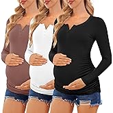 Ekouaer Women 3 Pack Maternity Shirts Long Sleeve Pregnancy Tops Button Down Postpartum Tees Scoop Neck Pregnant T Shirts