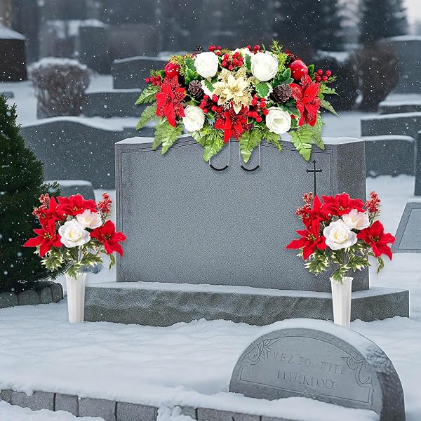 GIEGXIN 3 PCS CHRISTMAS HEADSTONE FLOWER SADDLE CEMETERY FLOWERS FOR GRAVE RED GOLD POINSETTIA BERRY ROSES ARTIFICIAL MEMORIAL BOUQUETS WITH VASE OUTDOOR GRAVEYARD DECORATION FOR TOMBSTONE HEADSTONE
