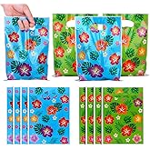 40PCS Luau Hawaiian Party Favor Bags, Tropical Hibiscus Floral Design, Blue and Green Summer Goodie Bags