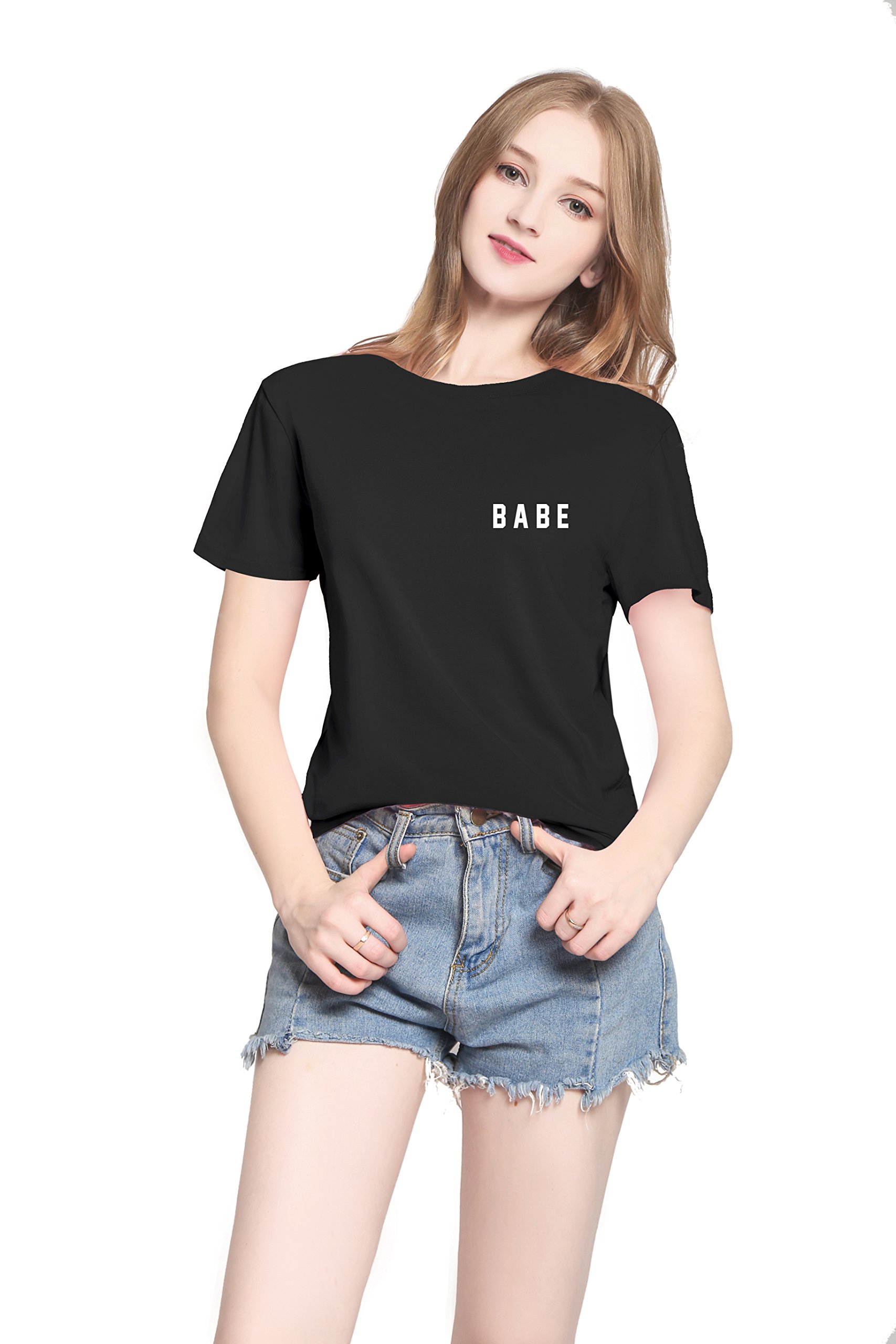 PINJIA Womens Cotton Letter Printed Pullover Tshirts Top Tees(MX15)(S,Black Babe)