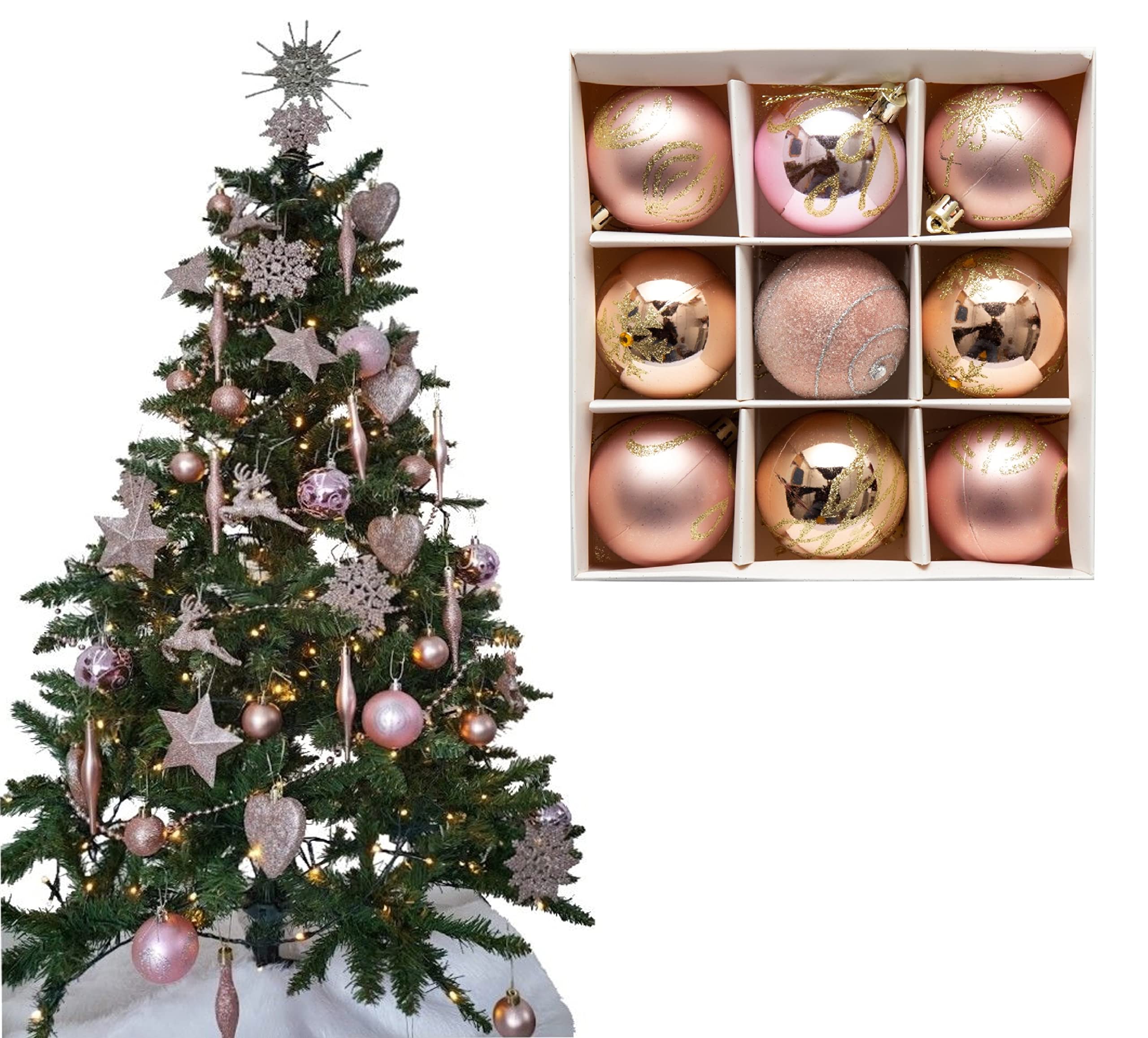 9pc Luxury Premium Baubles, Christmas Tree Bauble Decorations Matte, Glitter, shiny & Frosted (6cm) (Rose Gold) — image 1