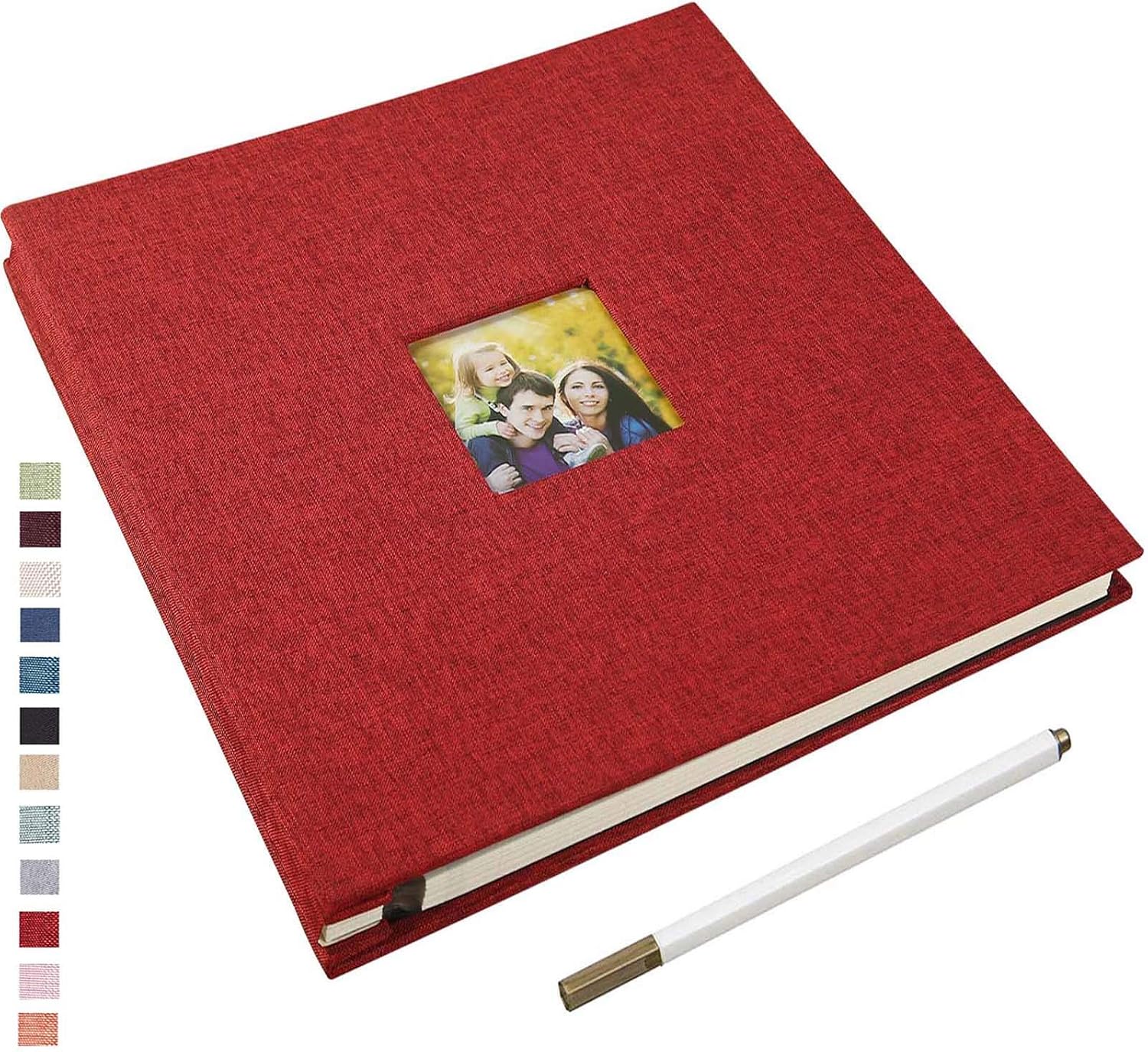 Yopih Self Adhesive Photo Album 28x27cm Fits 10x15 8x13 13x18 15x20 20x25 cm Photo Scrapbook with Window 40 Pages Linen Cover with A Metallic Pen DIY Memory Book for Baby Wedding Family Red