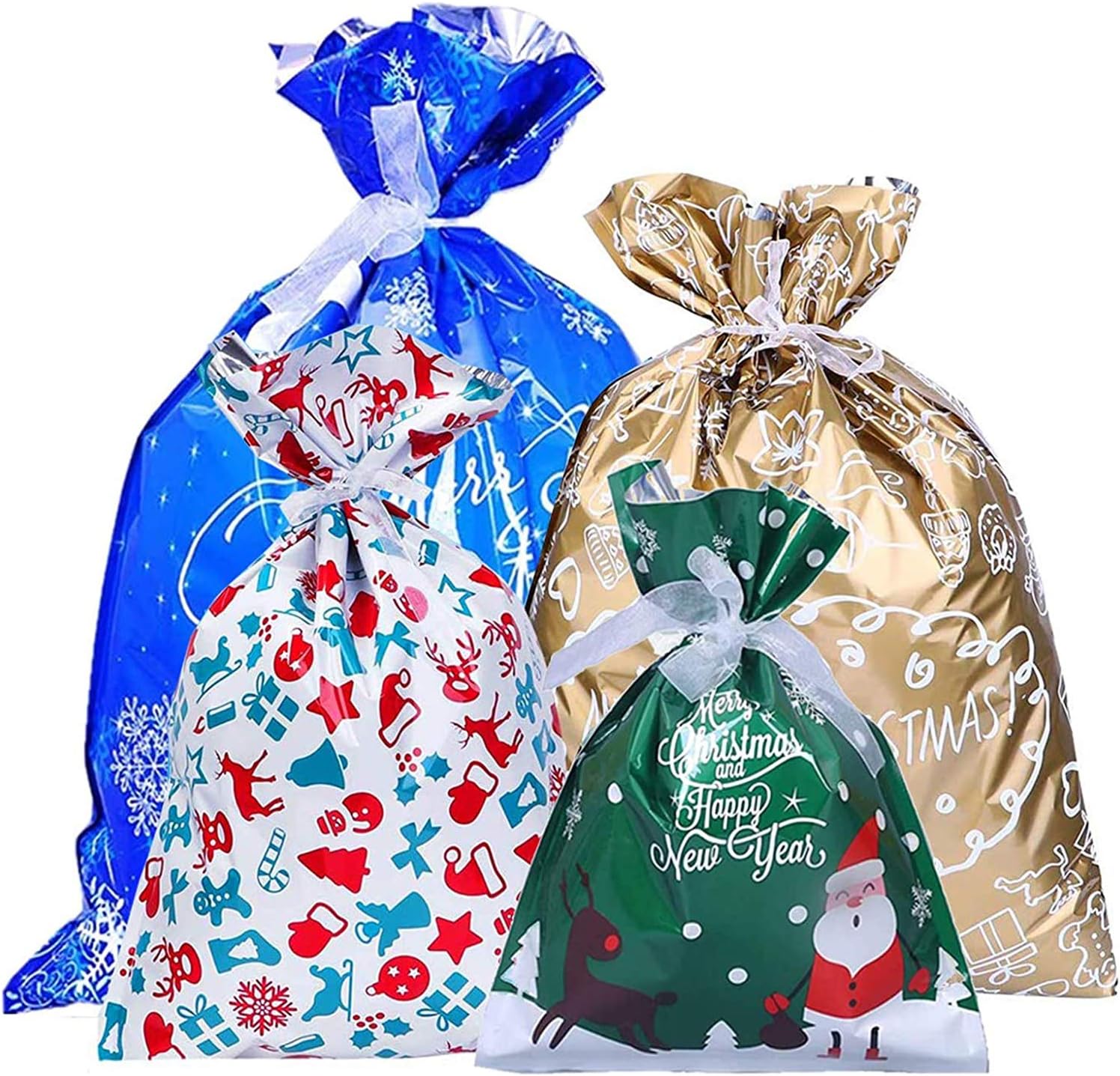 Christmas Drawstring Gift Bags, 30pcs Xmas Wrapping Gift Bags Large Medium Small Assorted Sizes