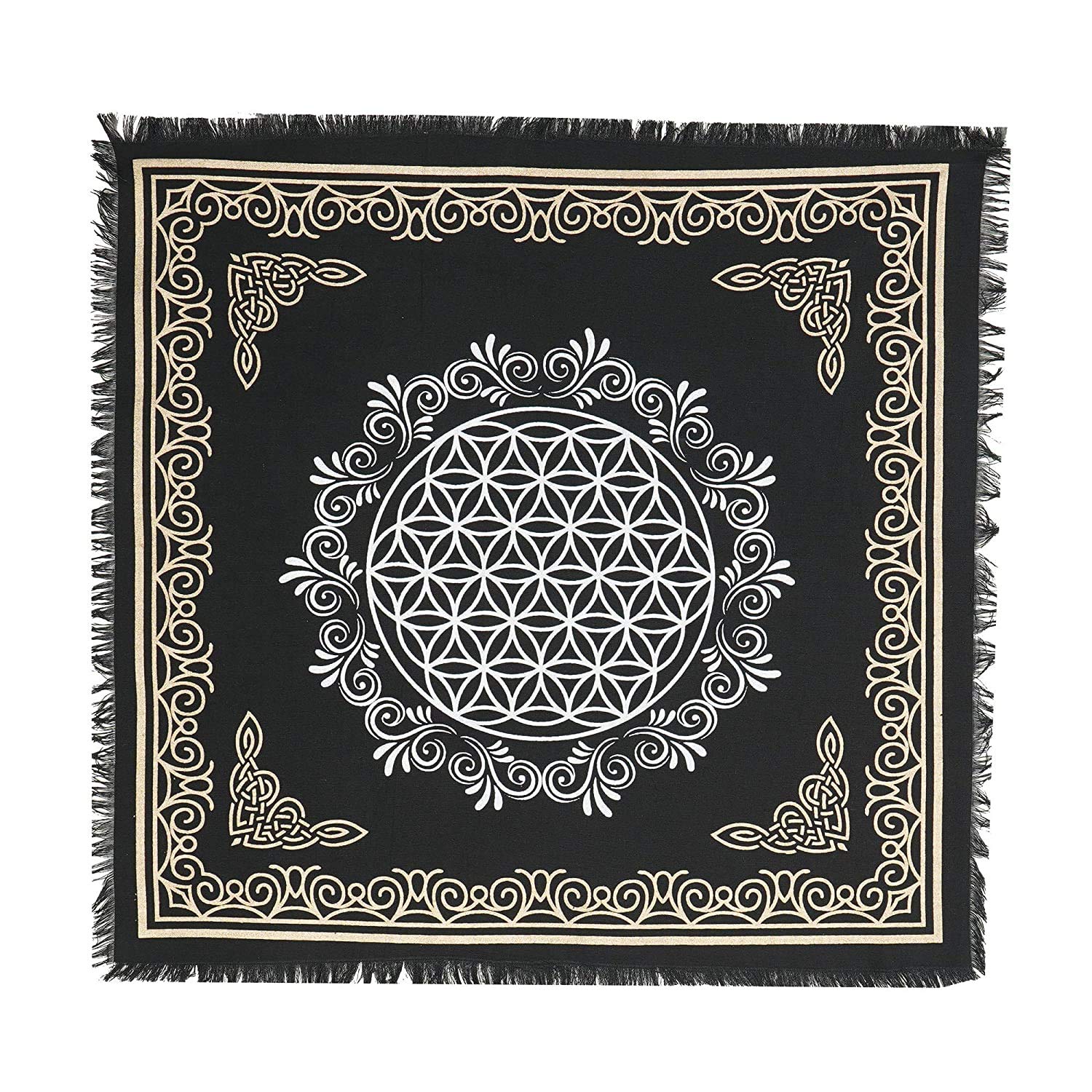 Indian Consigners Altar Cloth – Flower of Life Design – Black Wiccan Tablecloth with Gold Celtic Border – 36x36 Square Spiritual Cloth for Tarot, Witchcraft & Rituals