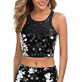 MANER Women's Contrast Sequin Crop Top Sparkle Club Tank Sleeveless Night Out Party Tops