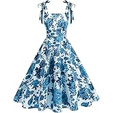 50s Dresses for Women 1950s Vintage Floral Cocktail Swing Dress Retro Tie Straps Backless Rockabilly Prom Tea Party Dresses