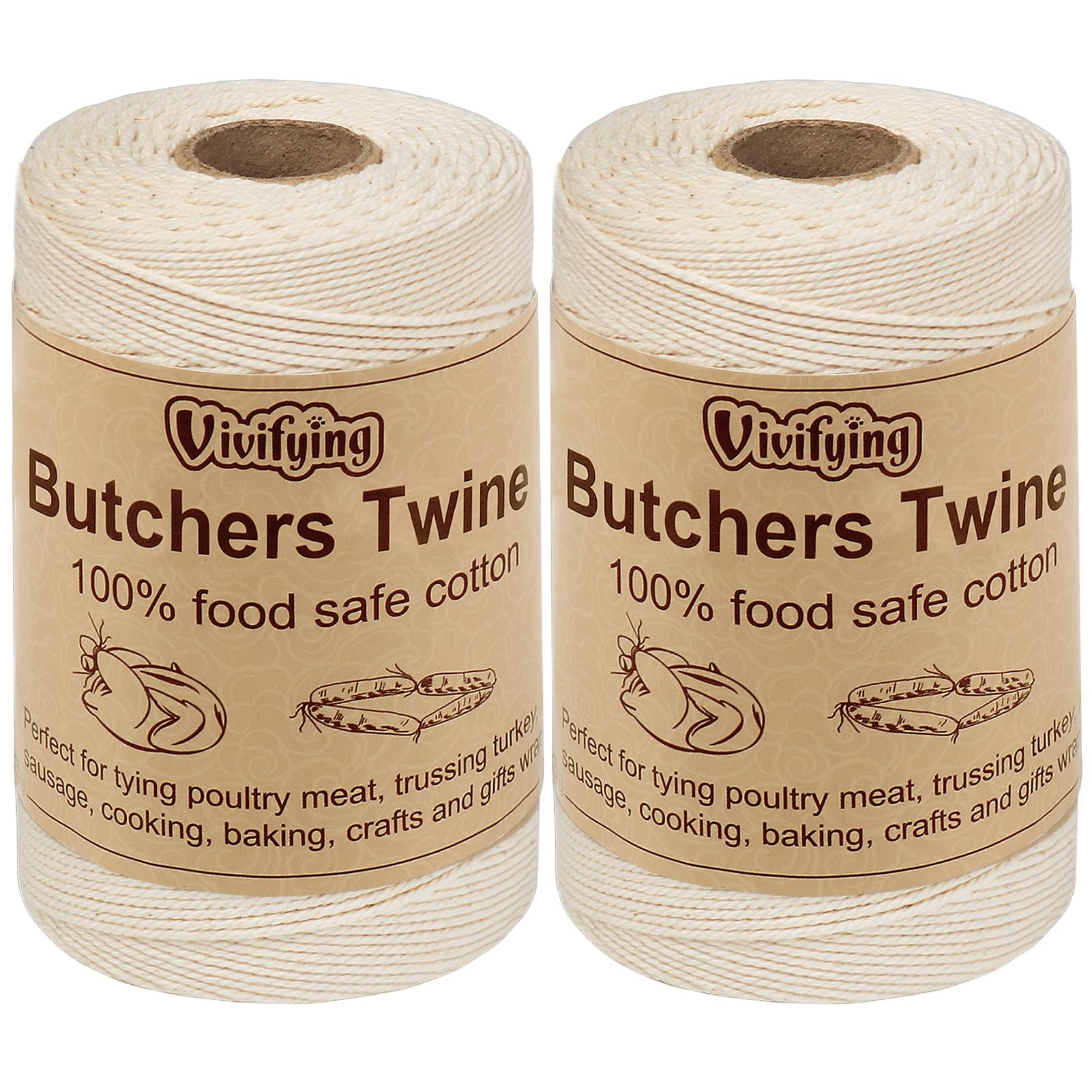 Vivifying 2pcs Butchers String, 656 Feet /200M 3ply Cotton Butchers Twine, Food Safe Cooking String for Tying Meat, Kitchen Twine for Making Sausage and Trussing Poultry (White)