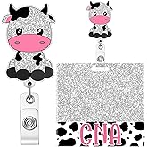 Plifal CNA Nurse Badge Reel Buddy Set - Retractable ID Clip Holder, Cute Cow Horizontal Alligator Clips with Card for Nurse Name Tag, Hospital Work Accessories