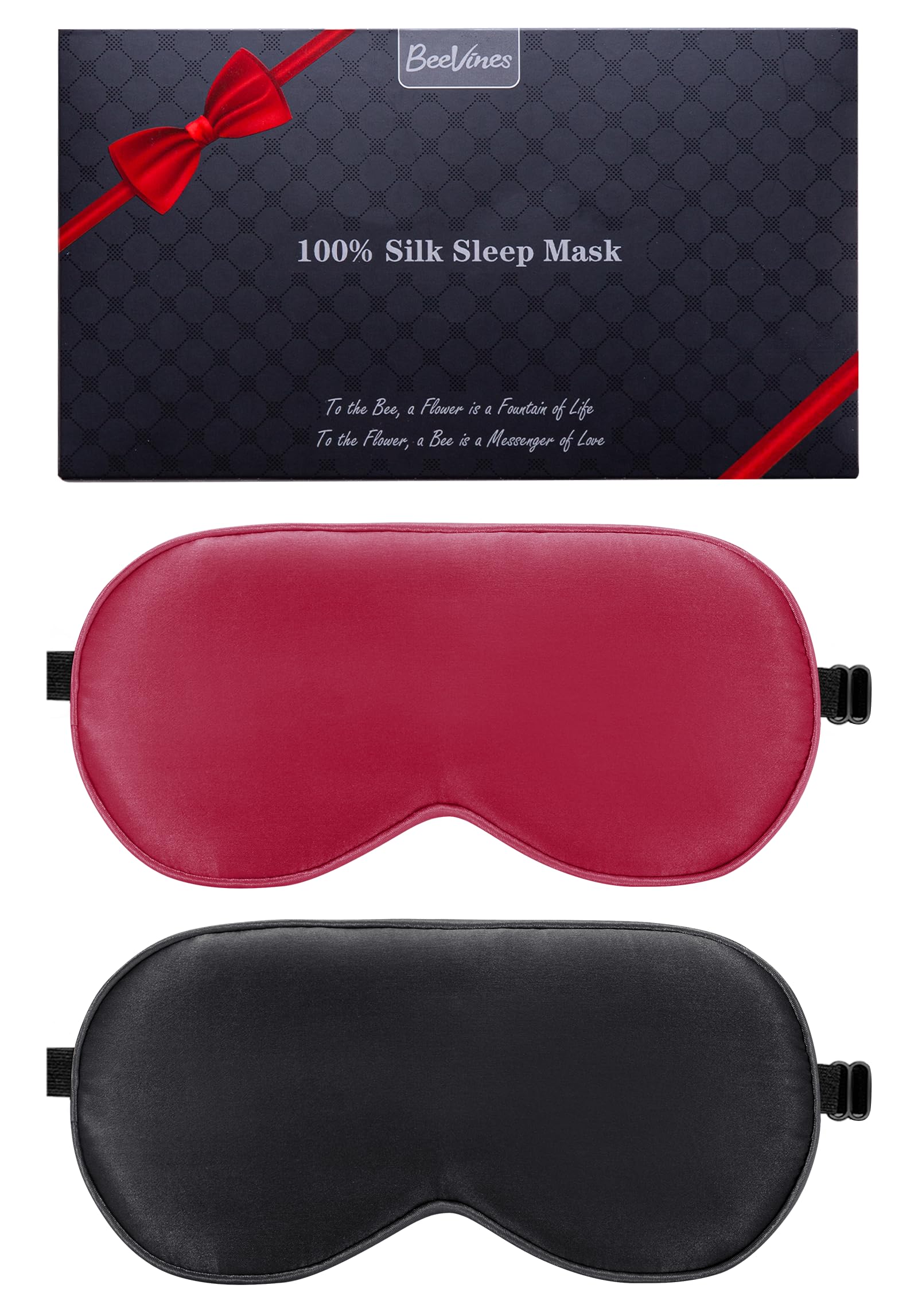 Silk Sleep Mask, 2 Pack 100% Real Natural Pure Silk Eye Mask with Adjustable Strap, Eye Sleeping Mask, BeeVines Eye Sleep Shade Cover for Summer Travel Reduces Puffy Eyes (Black & Red)