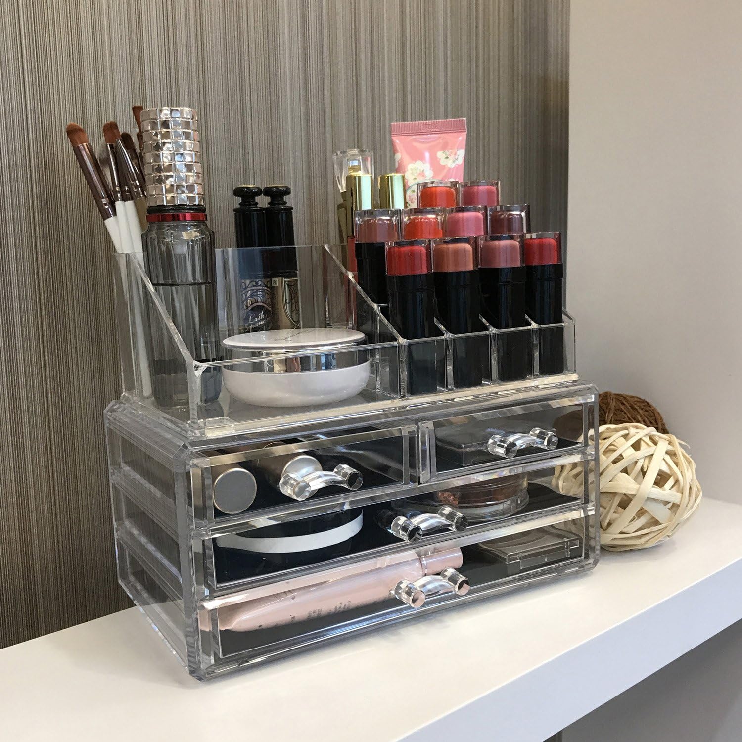 Ikee Design Jewelry Makeup Cosmetic Storage Organizer Two Pieces Set - Organize Cosmetics, Jewelry, Hair Accessories, Bathroom Counter or Dresser, Clear Design for Easy Visibility: Home & Kitchen